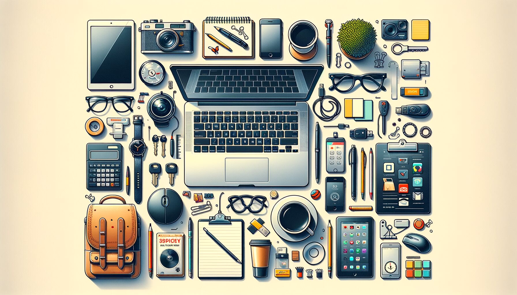 KDB Tech-Update 202406120503 Übersichtliche Anordnung von Büro- und Technikgegenständen um einen Laptop: Geräte, Notizmaterial, Kabel und Zubehör für produktives Arbeiten.