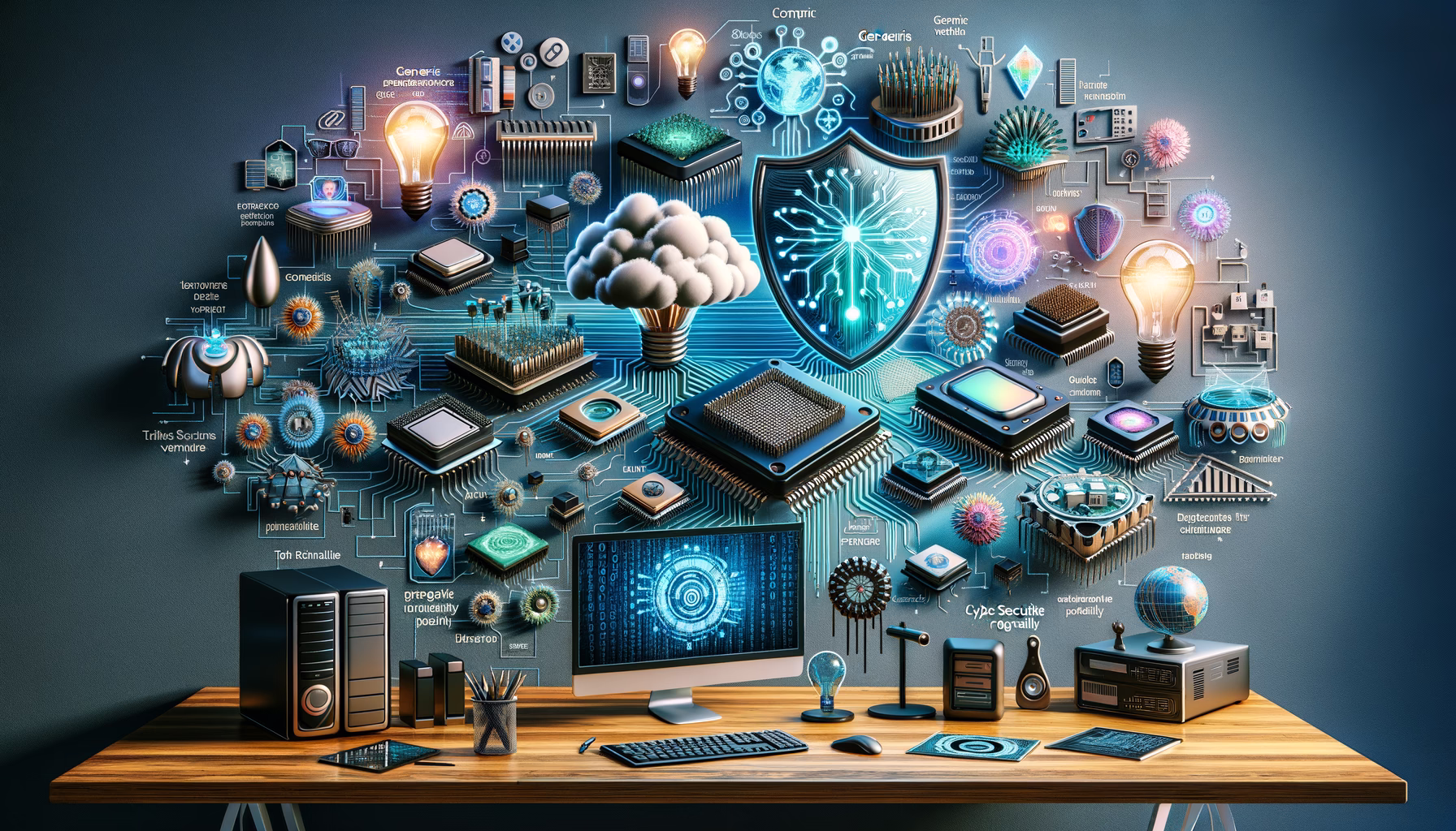 KDB Tech-Update 202406130501 Technik-Collage mit Computerchips, digitalem Datenbildschirm, Wolke und Netzwerksymbolen; zentrale Schutzschild-Optik und Sicherheitsbezug.