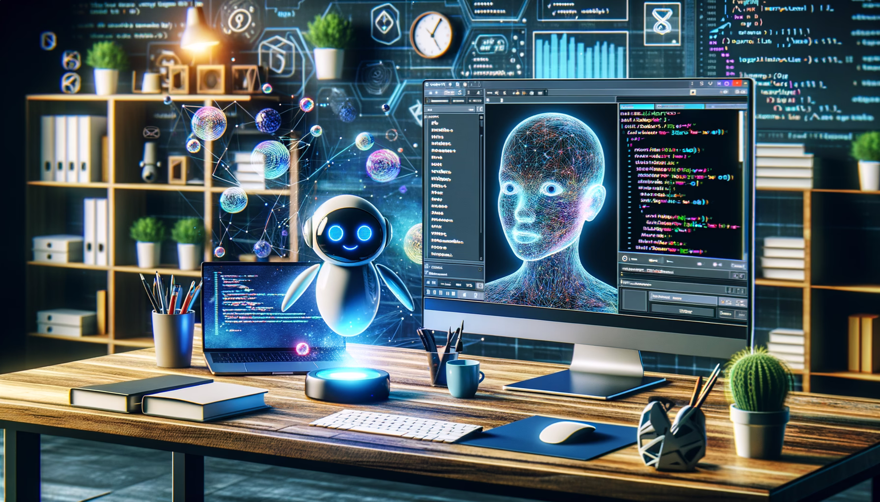 KDB Tech-Update 202406141504 KI-Assistent auf Schreibtisch neben Monitoren mit Code und Chat-Oberfläche; im Hintergrund schwebende Daten-Grafik, Symbol für koordiniertes Arbeiten.
