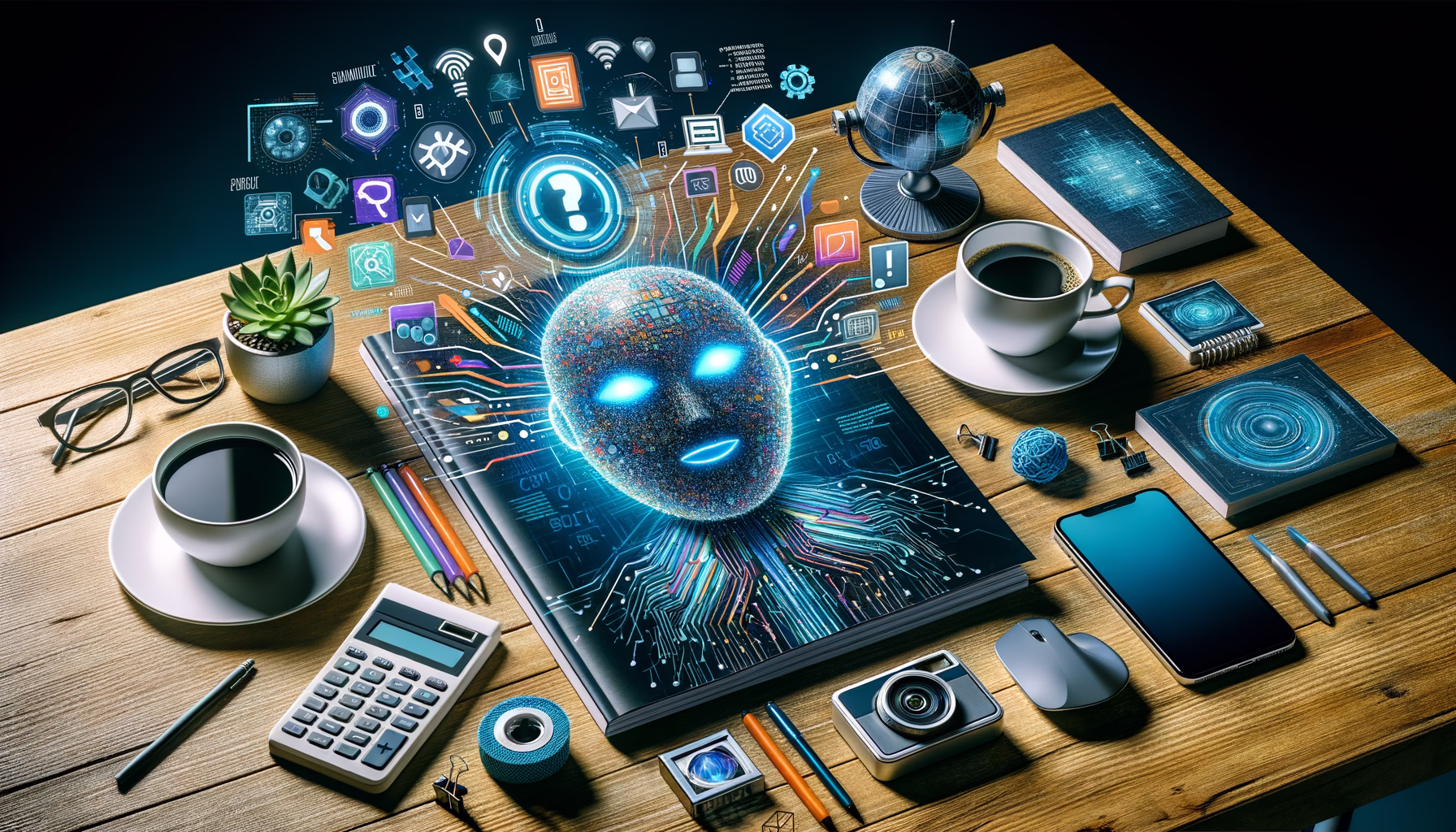 KDB Tech-Update 202406160506 Technik-Desk mit Laptop, Kommunikations- und Sicherheits-Symbolen sowie KI-Kugel; symbolisiert vernetzte Digitalisierung und Cybersecurity-Risiken.