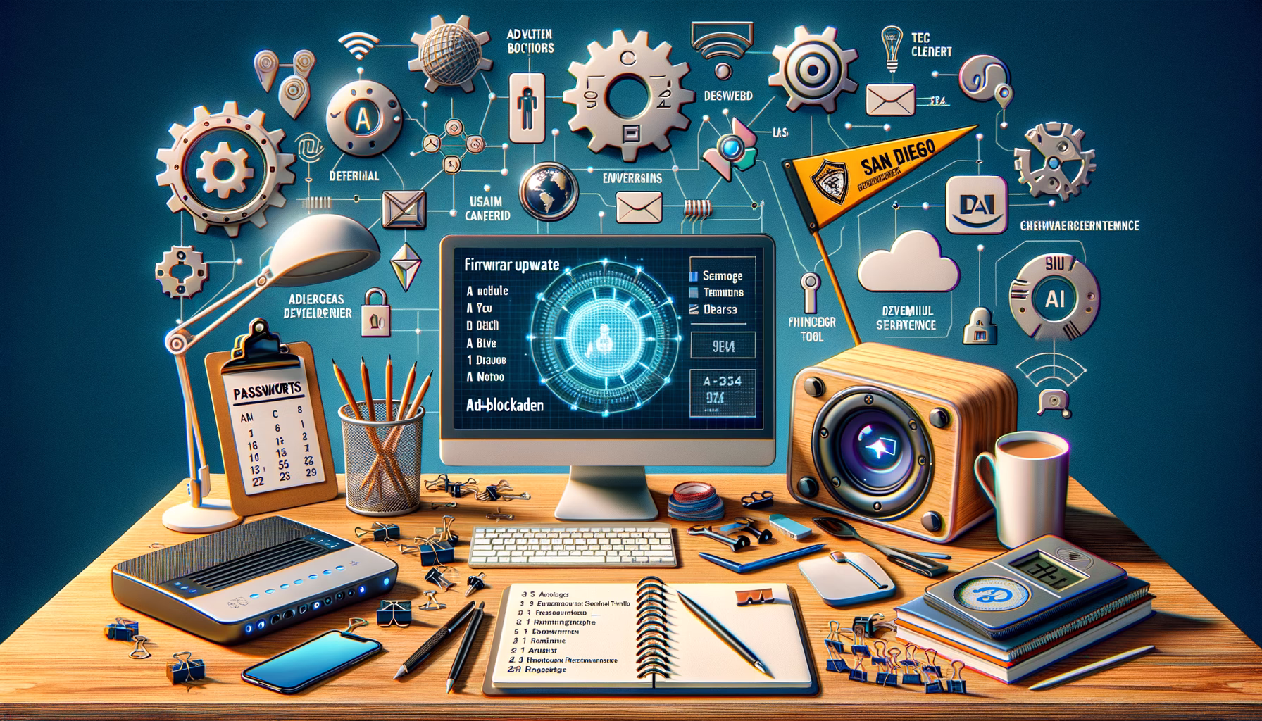 KDB Tech-Update 202406161504 Arbeitsplatz-Visualisierung: Router, Monitor mit Firmware-Update, KI- und Technik-Symbole, gesperrte Passwörter-Liste und Kalendereintrag 2024.