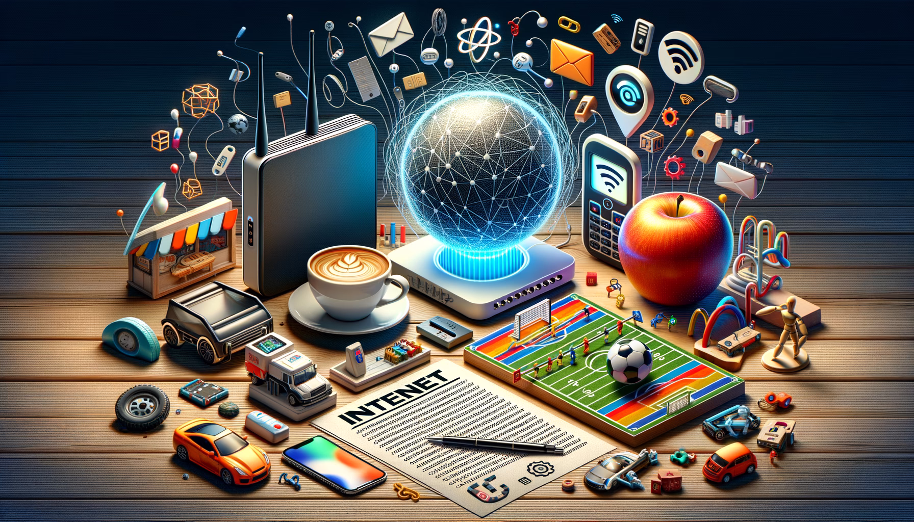 Technologie-Desk mit Router, Kaffee, verschlüsselter Zahlungs- und Chatbot-Symbolik, vernetztem Globus und Spiel-/Verkehrsanimation.