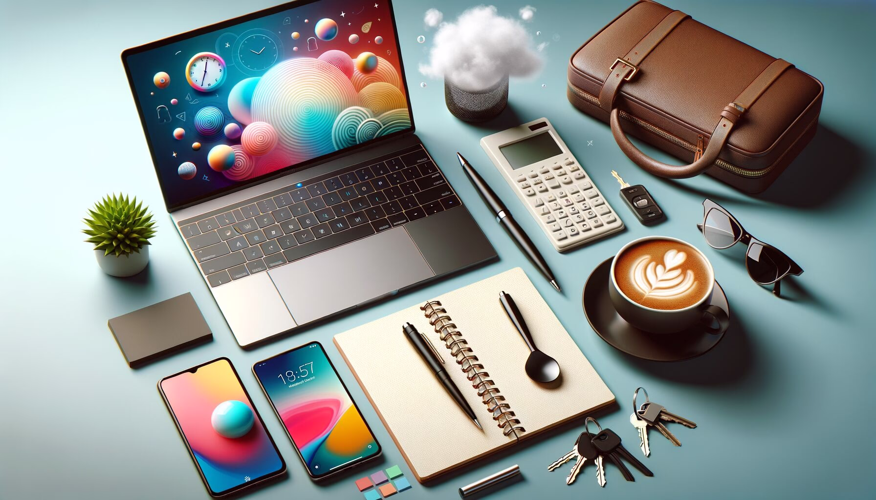 KDB Tech-Update 202406190506 Modernes Arbeitssetup: Laptop, Taschenrechner, Smartphone, Kaffee, Notizbuch mit Stift, Schlüssel und Tasche auf Tisch für Technik-Planung.