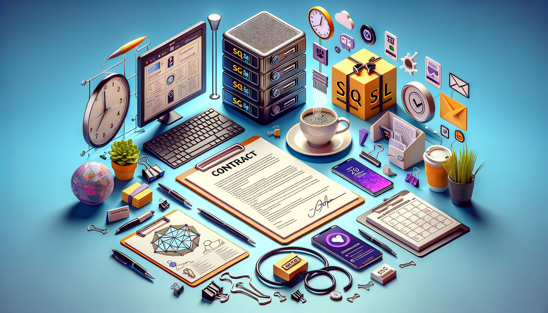 KDB Tech-Update 202406191505 Innovatives Homeoffice-Setup mit Laptop, geöffnetem Vertrag, SQL-Serverwürfel, Multitasking-PCs, MFA-Handy, Schutzschild-Symbol und Sale-Kalender.