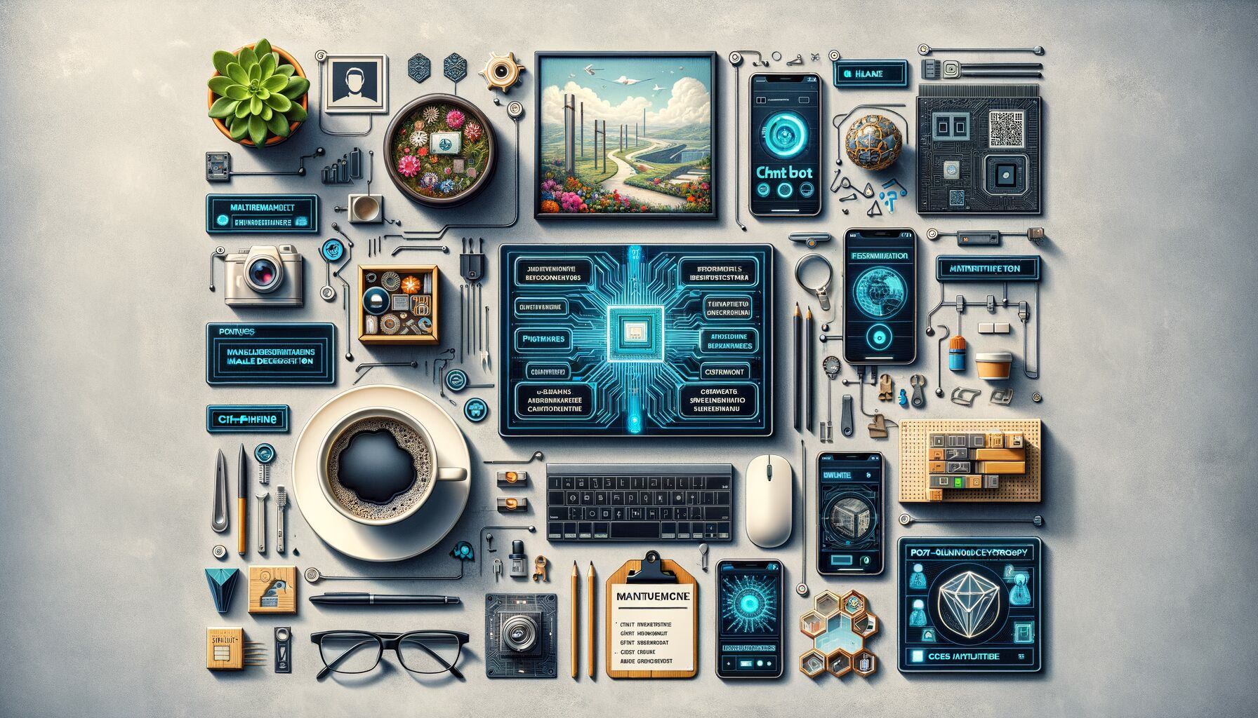 KDB Tech-Update 202406210504 Illustration eines IT-Arbeitsplatzes mit Chatbot-, Malware- und Infrastruktur-Interfaces sowie Codes-Scan-Sicherheitskonzept und System-Update-Alarmen.