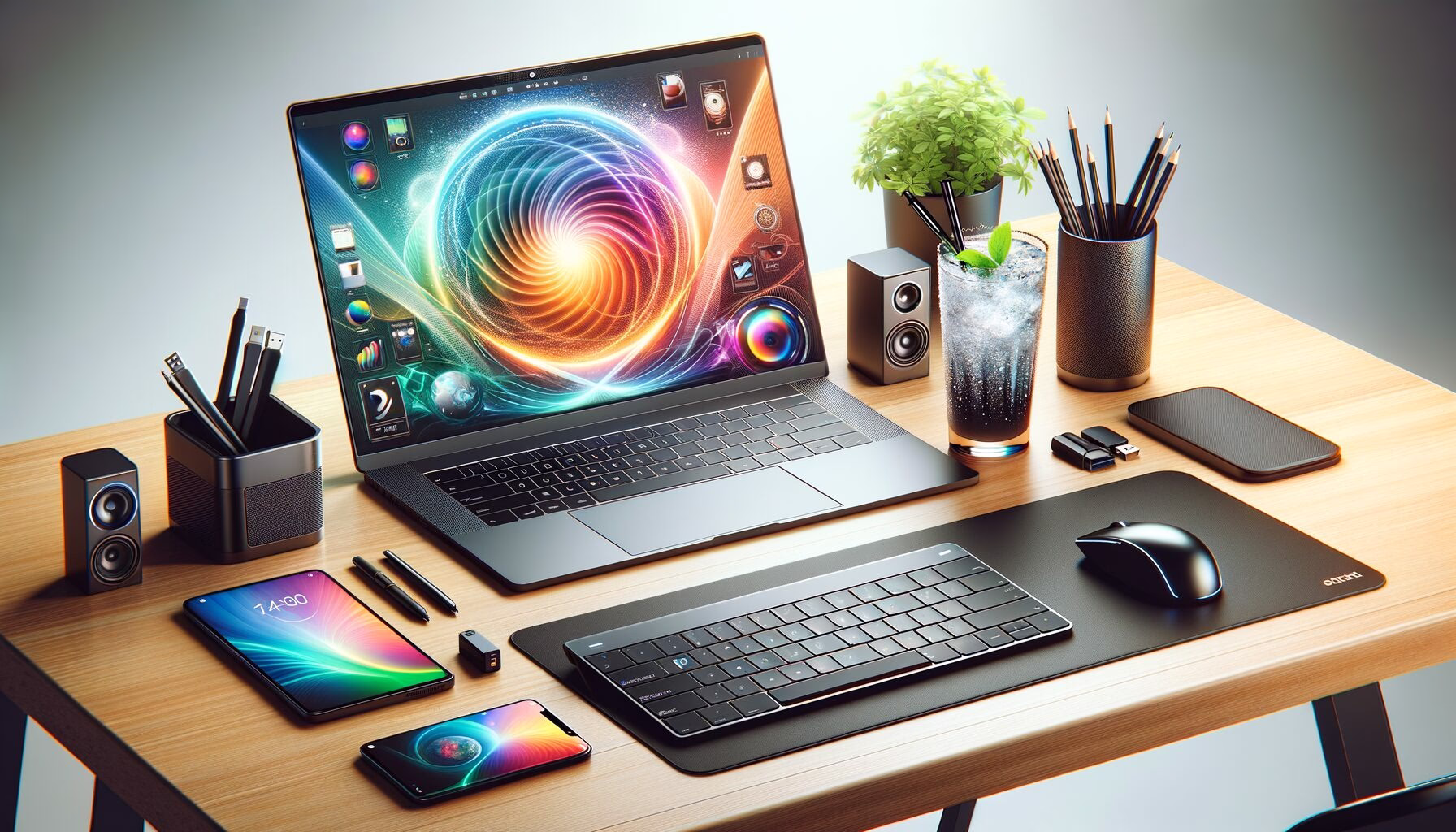 KDB Tech-Update 202406211501 Arbeitsplatz mit Laptop, Smartphone, Tastatur, Maus, USB-Stick und Monitor; Tasse mit Getränk und Pflanzen sorgen für moderne, geordnete Techniknutzung.