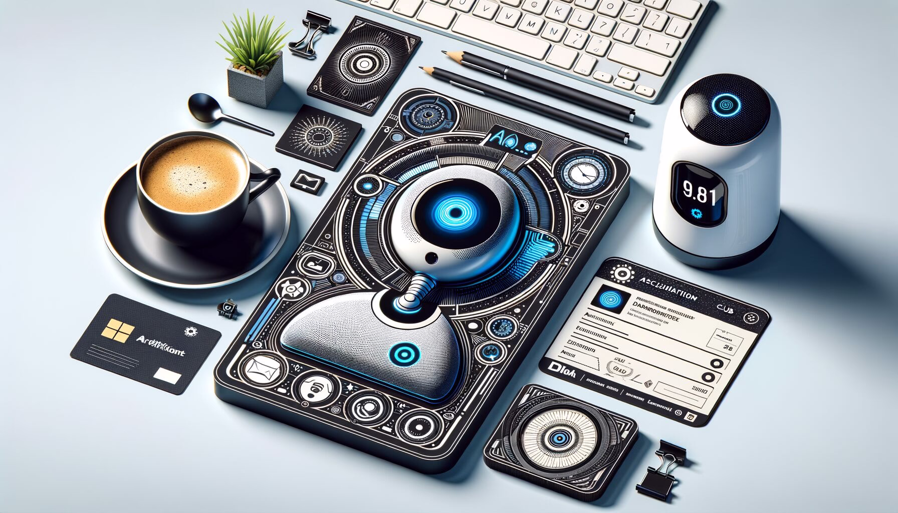 KDB Tech-Update 202406220505 Technisch gestaltetes Desktop-Setup mit Kaffee, digitalem Assistenzgerät, Smart-Clock, KI-Emblem und Karten sowie Tastenfeld.