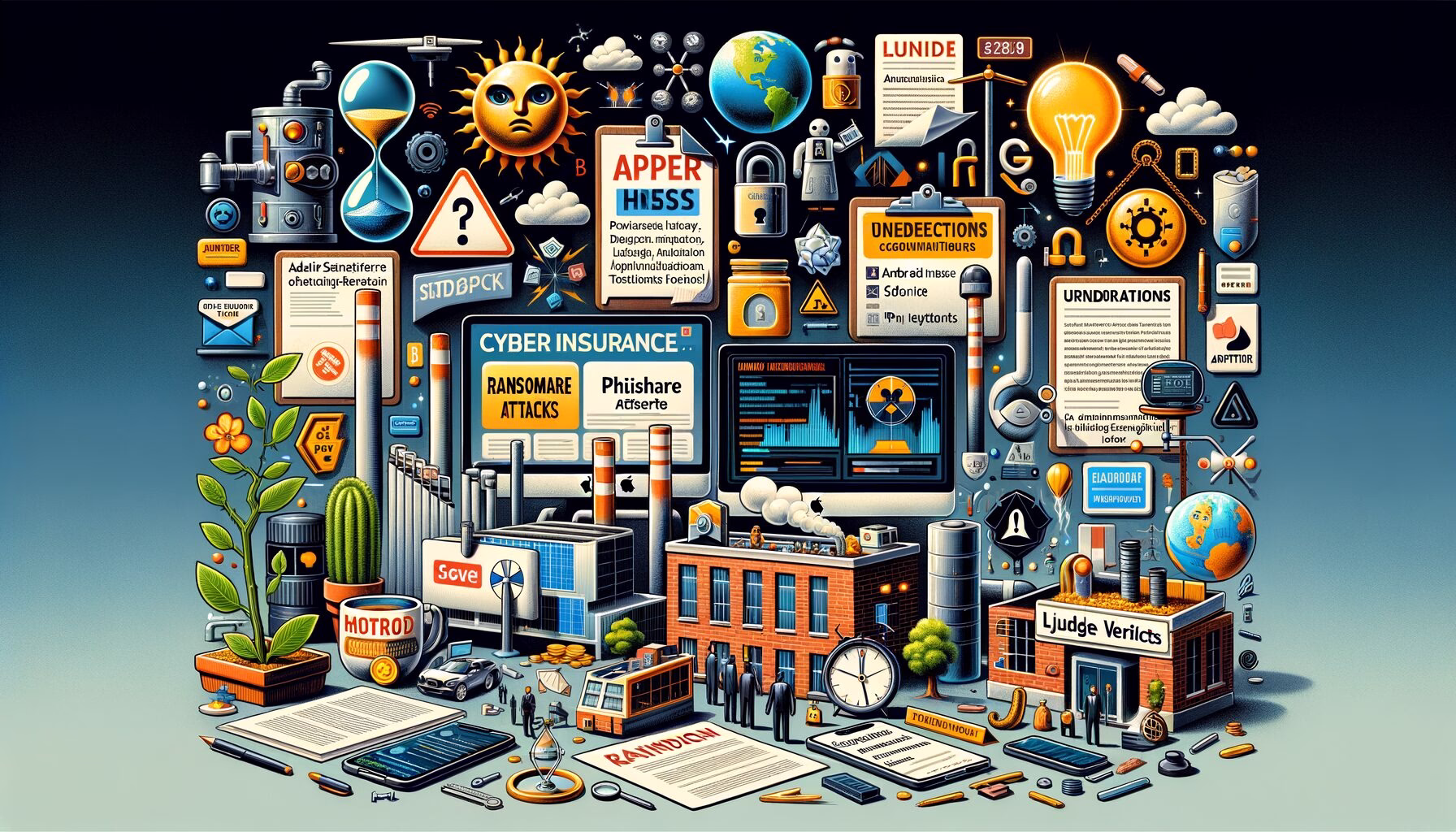 KDB Tech-Update 202406231505 Collage eines Schreibtischs mit Symbolen zu Cybersecurity, Zeitmanagement und Finanz-/Datenschutz-Themen, visualisiert als Tech-Update-Übersicht.