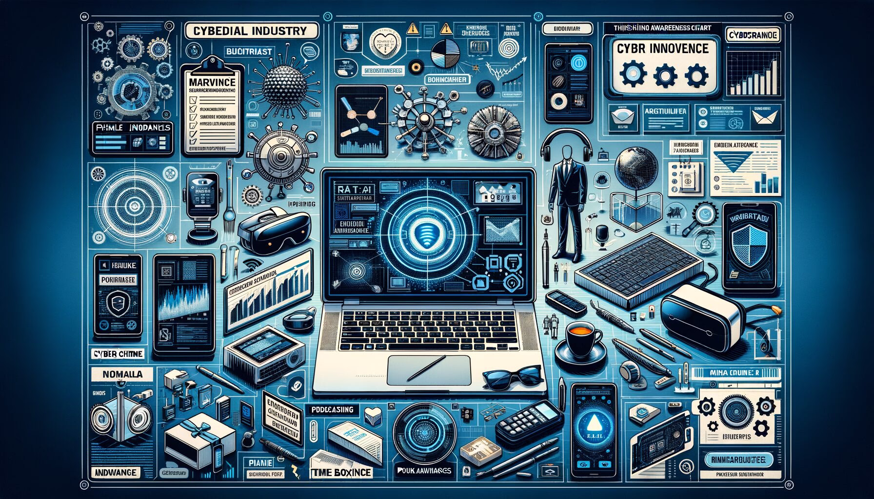 KDB Tech-Update 202406240503 Technik-Schreibtisch mit Laptop, Smartphones, VR-/AR-Headsets und UI-Grafiken zu Cyberkriminalität, Malwarewarnung, Phishing und Zugriffstool-Risiken.