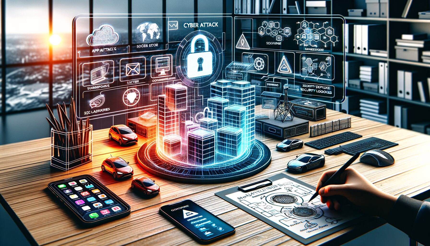 KDB Tech-Update 202406241505 Technikdesk mit holografischer Cyberattacke, gesperrtem Schloss-Icon, mehreren Displays, Smartphones und Server-Modell als Sicherheitskonzept-Darstellung.