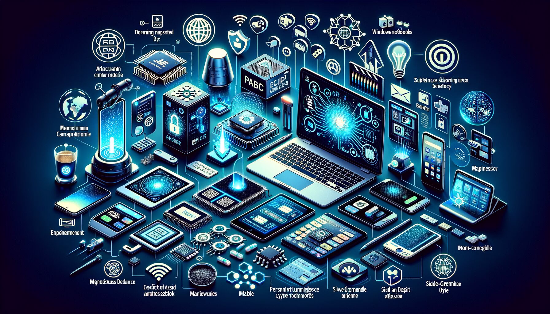KDB Tech-Update 202406251506 Technik-Desk-Collage mit Laptop, Tablets und Smartphone, darunter KI-, Sicherheits- und Netzwerk-Icons; Karten mit NFC-Tap-to-Pay, Symbole für Malware und Cyberangriff.