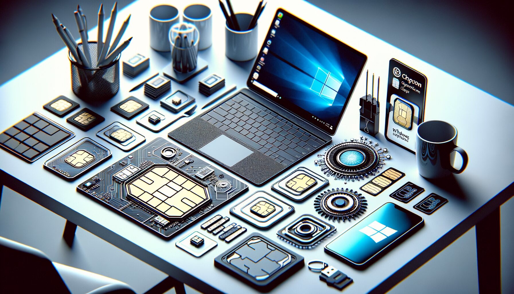 KDB Tech-Update 202406260502 Technisches Desk-Setup: Laptop mit Windows-Startbild, umgeben von SIM-Karten, Chipkarten, Mikrochips und Zubehör—wirkt organisiert und futuristisch.