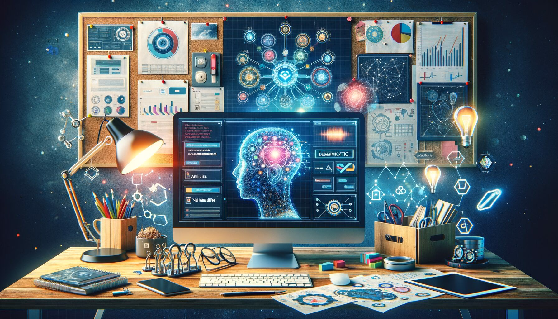 KDB Tech-Update 202406261507 Arbeitsplatz mit Monitoren: KI-Modell, laufendes System-Update, Netzwerk- und Diagnose-Übersicht, Video-Interface; Sicherheitslücken visuell dargestellt.