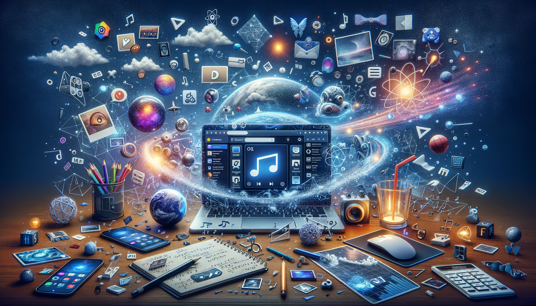 KDB Tech-Update 202406280504 Futuristischer Arbeitsplatz mit geöffnetem Browser, Video- und Musik-Icons, schwebenden Symbolen, Formeln und KI-Elementen; veranschaulicht Tech-Update.