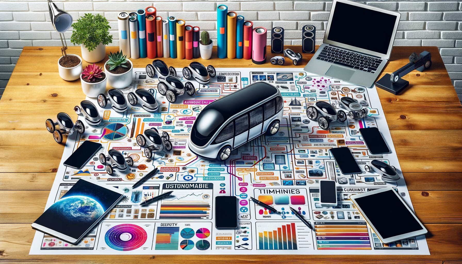 KDB Tech-Update 202406291503 Technik-Desk mit Laptop, Smartphones, Batterie-Stapel, Modellen, Mindmaps, Zeitstrahlen sowie Charts und Tabellen zur Planung und Auswertung.