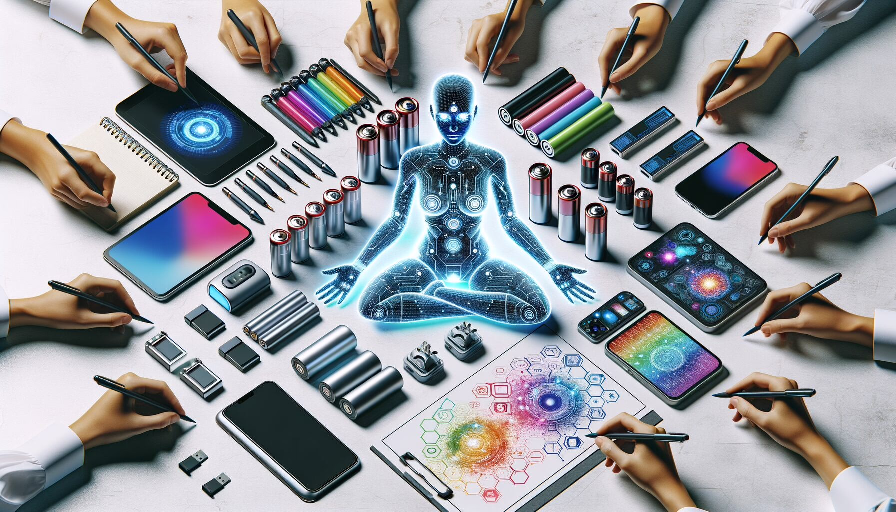 KDB Tech-Update 202406300503 Mehrere Hände zeichnen an einem Tisch; Tablets, Smartphones und Laptops, Batterien, Stifte und farbige Mindmaps um ein holografisches Künstlichkeits-Symbol.