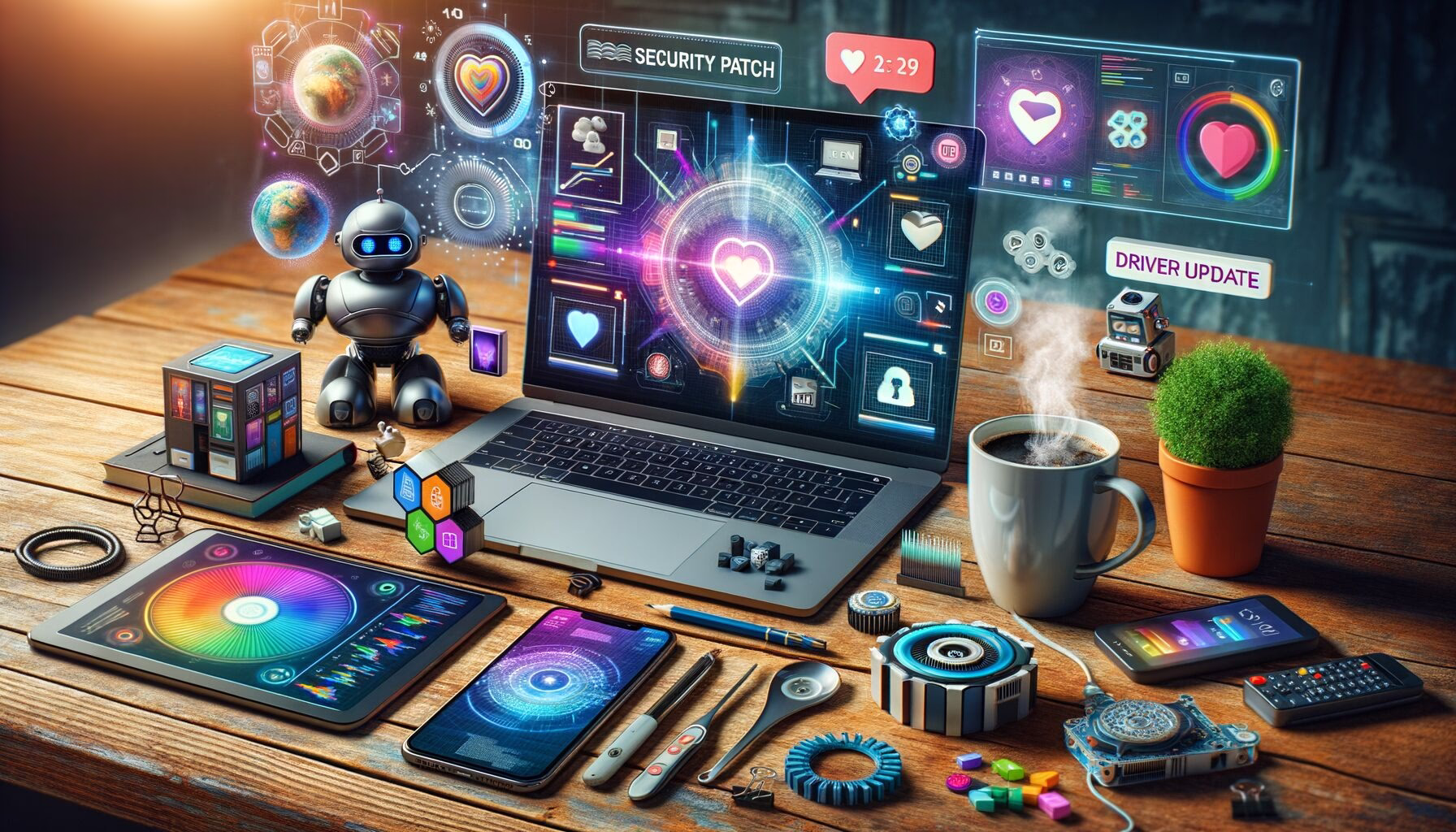 KDB Tech-Update 202407011504 Schreibtisch mit Laptop und Smartphone: Sicherheits- und Treiber-Updates, KI- und Herz-Visualisierung, Mini-Roboter; Symbolgrafiken zur Technologieoptimierung.