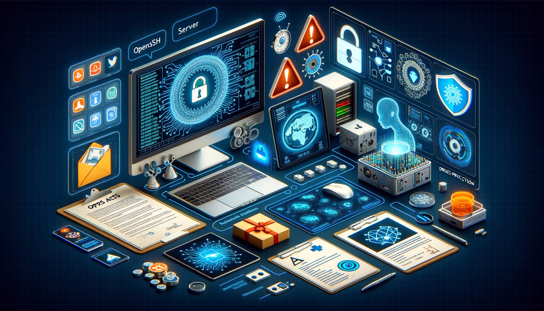 KDB Tech-Update 202407020504 Innovativer Technik-Schreibtisch mit OpenSSH-Server, Sicherheits-Patches, Warnsymbolen, Netzwerkdiagrammen und Schutzschilden zur IT-Absicherung.
