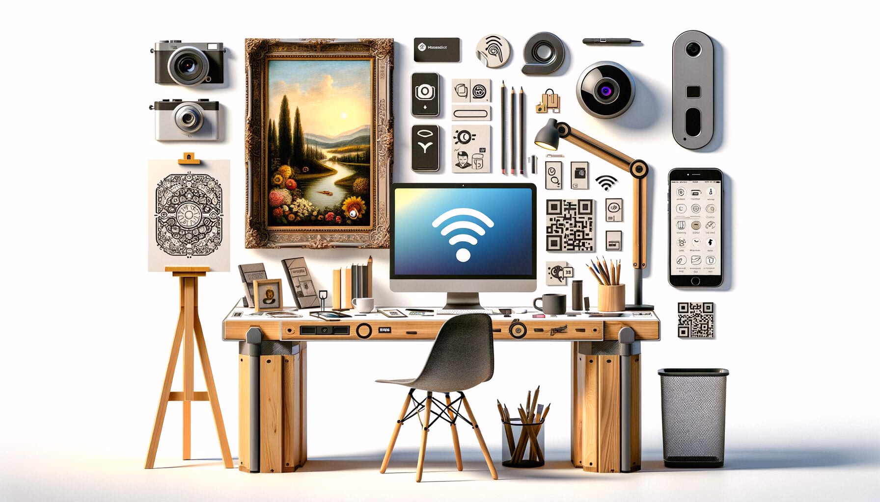 KDB Tech-Update 202407021504 Innovativer Schreibtisch mit Leinwand, Webcam, NFC-Device und Smartphone; zeigt Technik- und Verbindungsideen, ergänzt durch Skizzen und Icons.