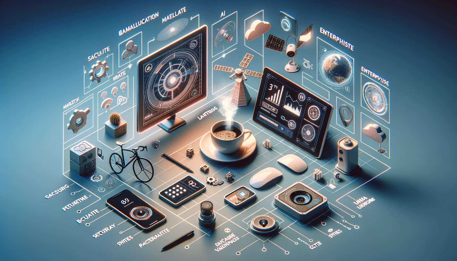 KDB Tech-Update 202407030502 Technik-Desktop mit Kaffeetasse, Webcam und holografischen Diagrammen; Symbole fĂĽr KI, Sicherheit, Firmware-Updates, Netzwerkzugangspunkte und Batteriestand.