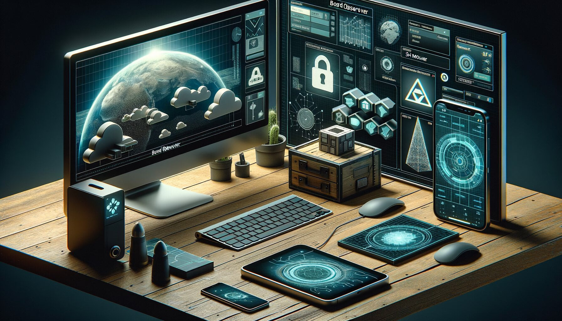 KDB Tech-Update 202407031501 Modernes Desk-Setup mit mehreren Bildschirmen, Smartphone und 3D-Modellen; zeigt Sicherheitsbedrohung und Such- sowie Analysedaten für technische Updates.