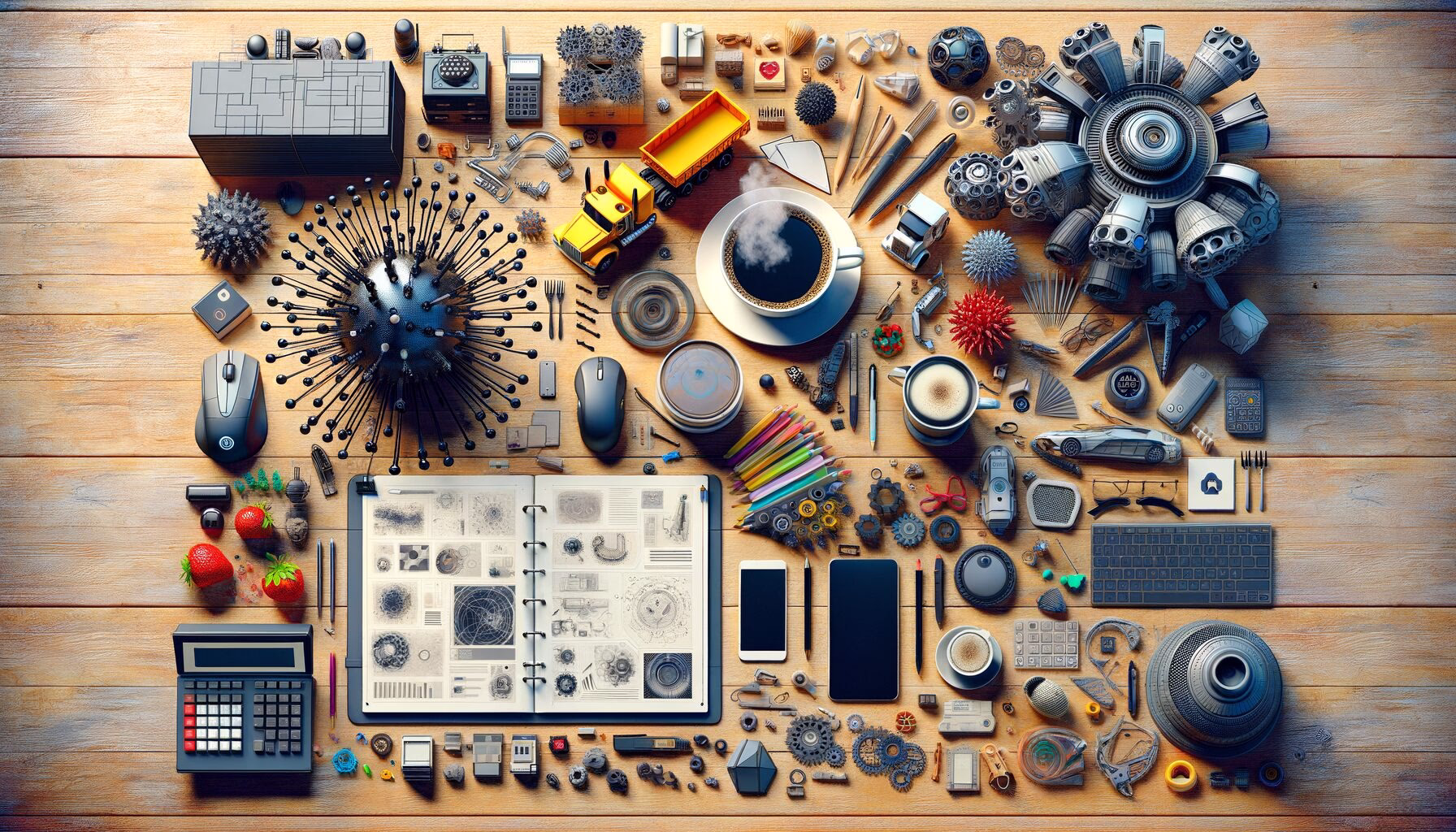 KDB Tech-Update 202407040501 Schreibtisch-Übersicht mit Laptop, Smartphone, Tassenkaffee, Dokumenten und Symbolen für Malware sowie Hardware; visualisiert IT-Sicherheit und Analyse.