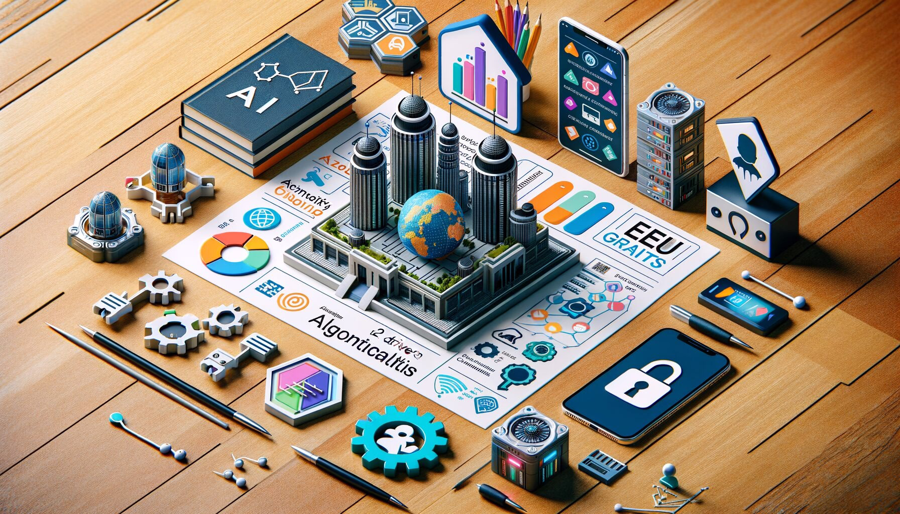KDB Tech-Update 202407041506 Innovatives Schreibtisch-Layout mit Symbolen für KI, Datencenter, Algorithmen, Webanalyse, Barrierefreiheit, Cybersicherheit, Zwei-Faktor-Login, EU-Förderungen und Halbleiterproduktion.