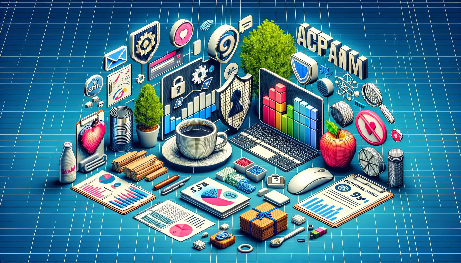 KDB Tech-Update 202407050503 Technologie-Desktop: Diagramme und App-Symbole, Grafiken/Statistik, Kaffeetasse, Apfel, Sicherheits- und KI-Icons sowie Daten- und Dokumentstapel.
