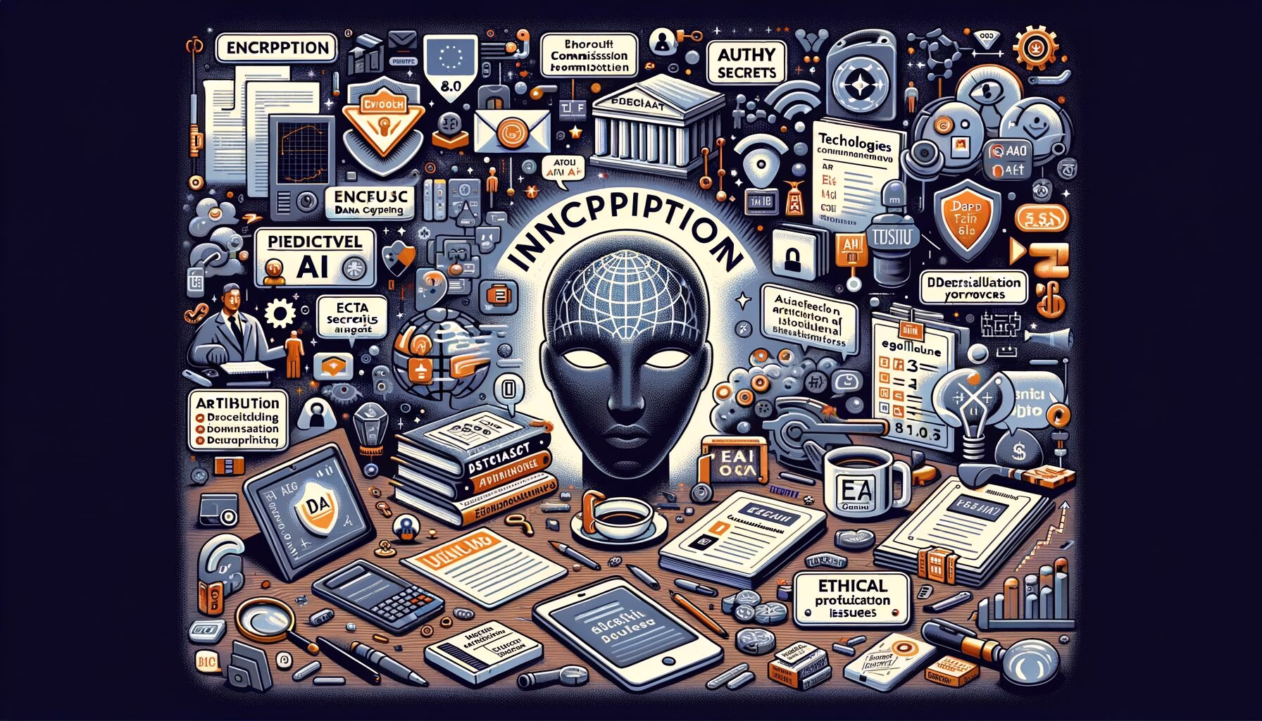 KDB Tech-Update 202407060506 Illustration eines Schreibtischs mit Symbolen für Verschlüsselung, KI, Datenschutz, Authentifizierung, Legalität, Prognosen, ethische Systeme und Tech-Updates.