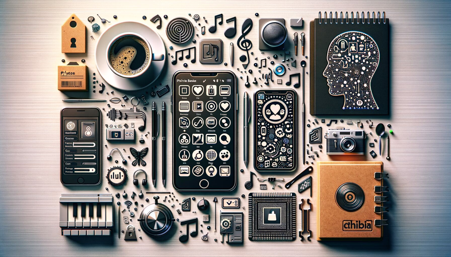 KDB Tech-Update 202407070506 Illustrationen von Smartphone, Laptop, Mikrofon und Chips mit Symbolen für Musik, Datenschutz und Online-Suche, verstreut als Tech-Update-Dashboard.