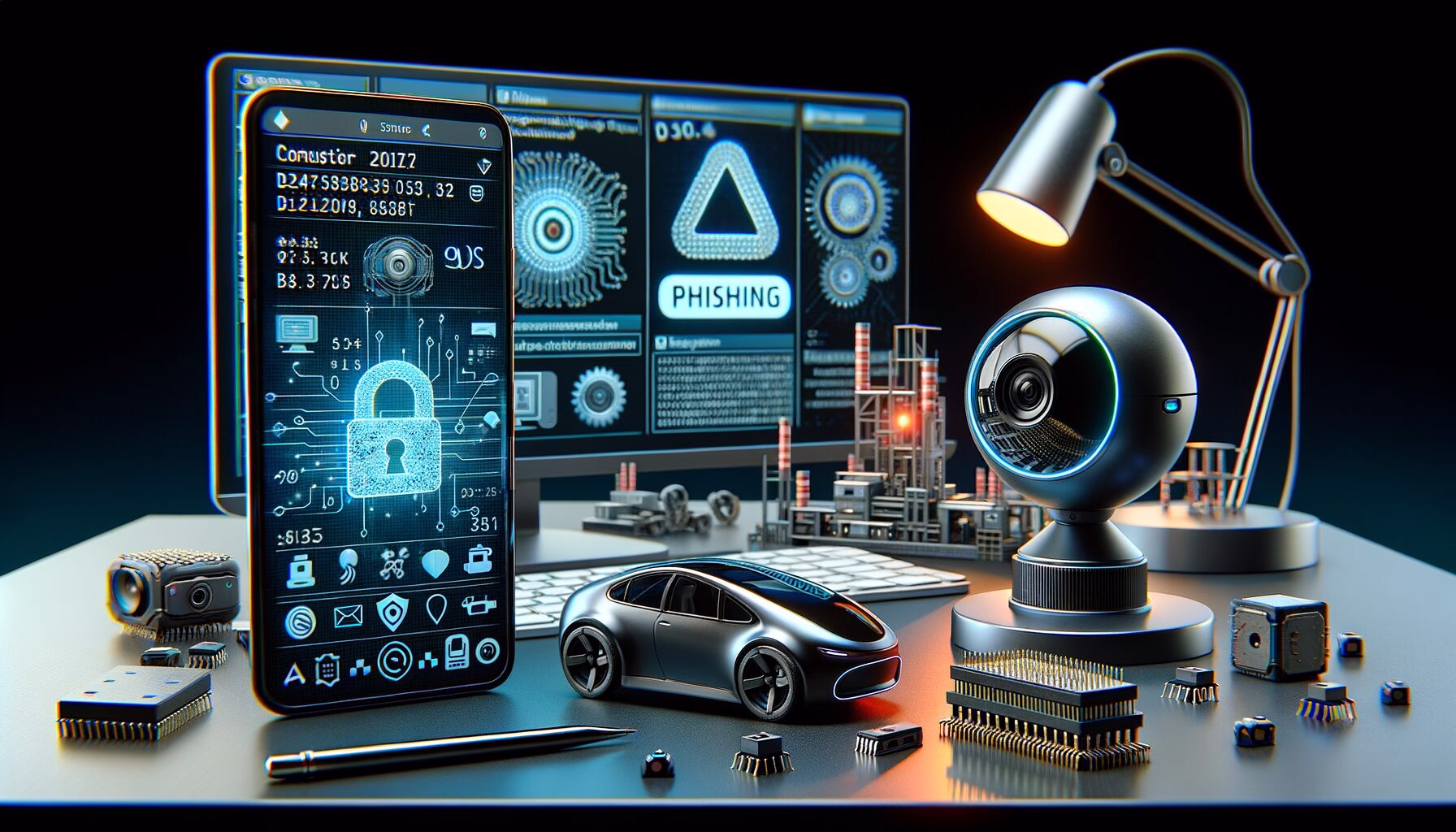 KDB Tech-Update 202407071505 Technologie-Desk: Computer mit Verschlüsselungs-Codes und Phishing-Warnung, Webcam und Kamera, Chips/Fabrikmodell sowie Spielzeug-Autocar symbolisieren Cyber-Sicherheit.