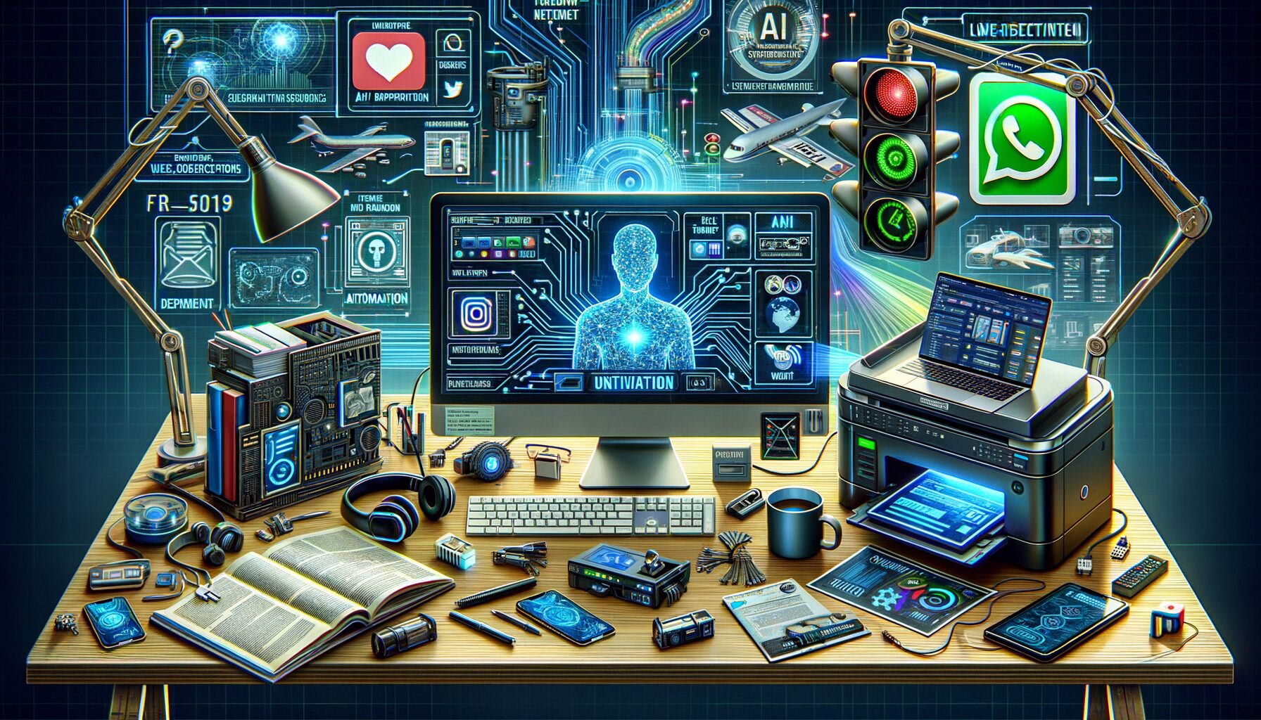 KDB Tech-Update 202407081507 Futuristischer Schreibtisch mit Monitor, Laptop, Server- und Sicherheitsgeräten, Kabeln und WLAN-Icons; KI- und Automationsgrafiken veranschaulichen IT-Update.