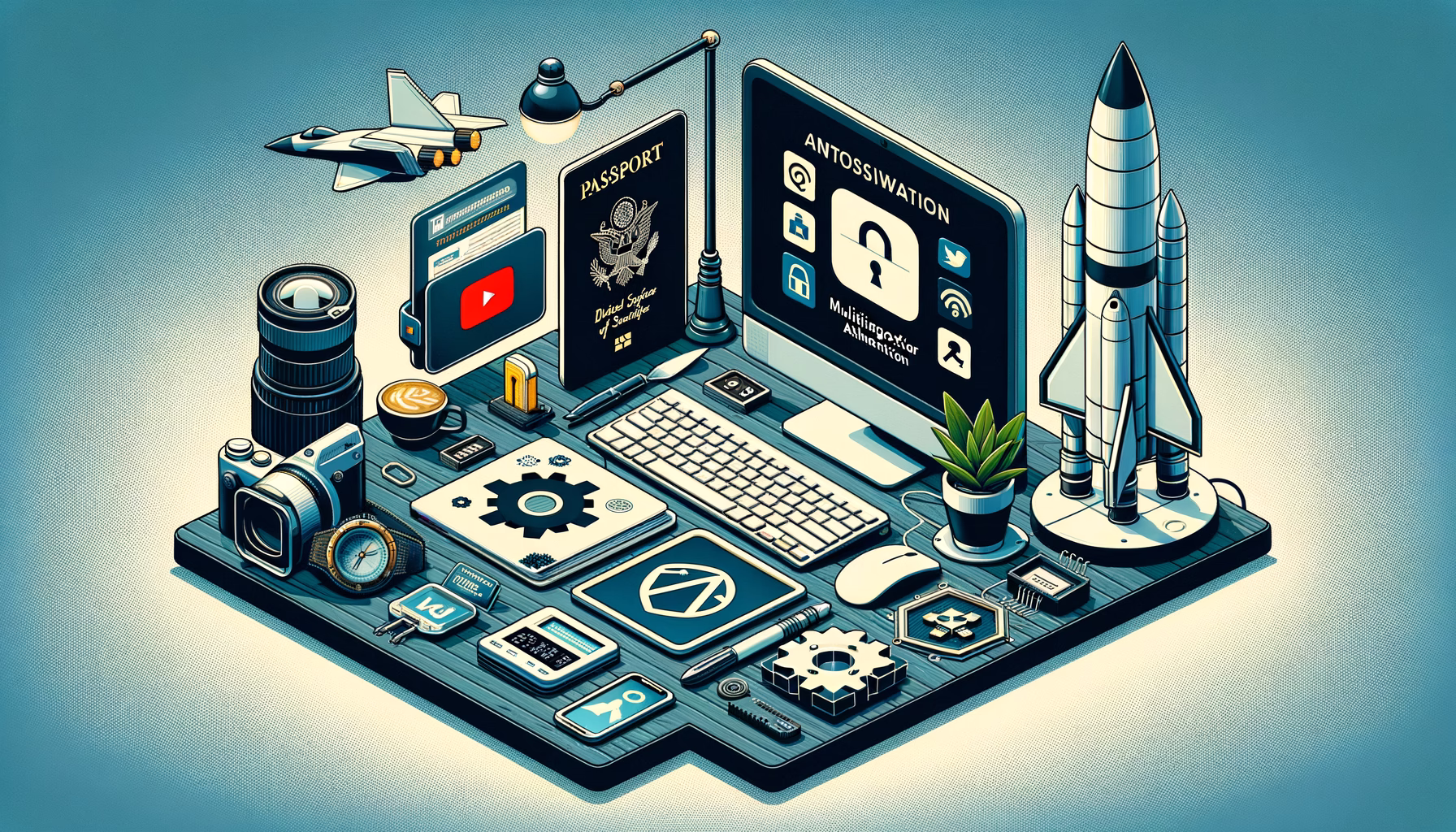 KDB Tech-Update 202407100502 Illustrativer Desktop mit Sicherheits-Symbolen: Passwort-Login, Entschlüsselung, Patch-Hinweisen, digitaler ID und Schutz-Tools, flankiert von Raketenmodell.