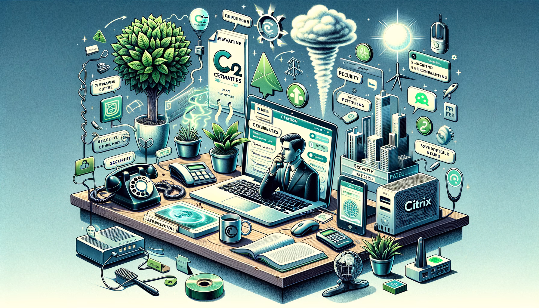KDB Tech-Update 202407101501 Modernes Desk-Setup: Laptop mit Chat-Dialog, Sicherheitssymbole, Patch-Plus-Up-Pfeile, Datenzentrum-Icons, Zertifikatkarten und Router/Telefon.