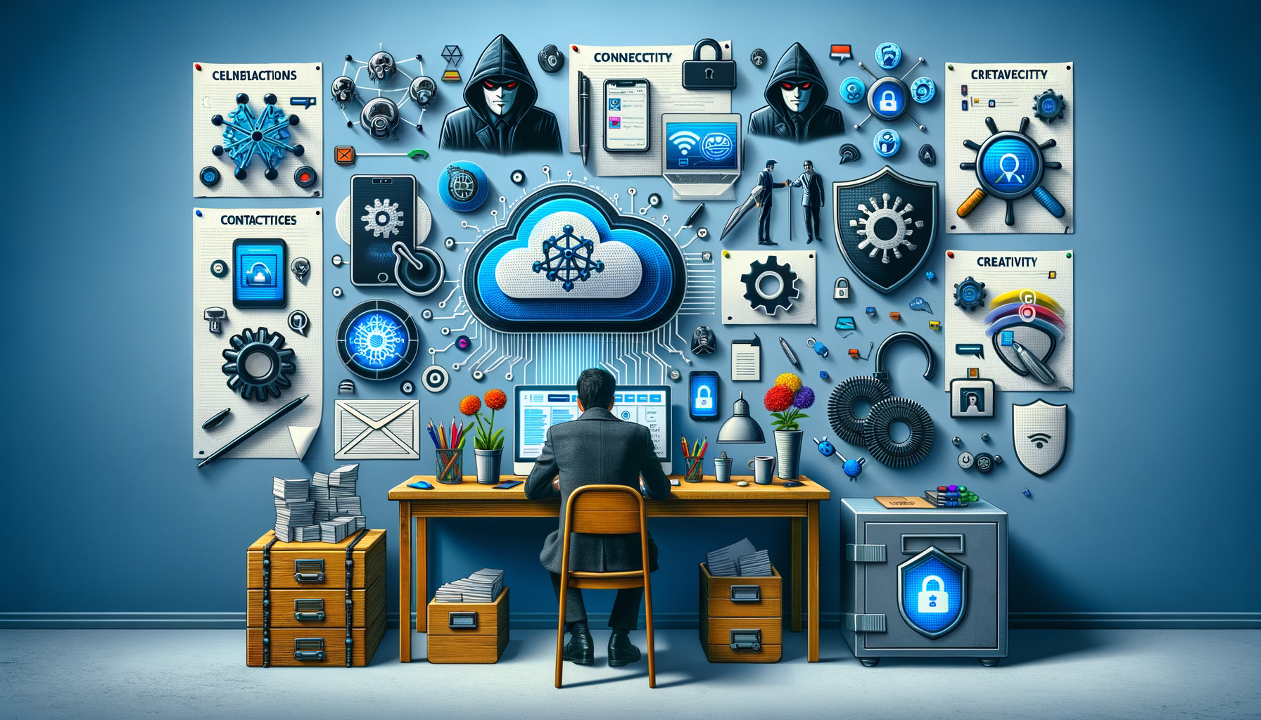 KDB Tech-Update 202407150506 Zentraler Wolkenspeicher mit Symbolen für Verschlüsselung, Firewall und Datenverlust; daneben Karten, Kontakte, Smartphone-Überwachung und IT-Sicherheitsbanner.