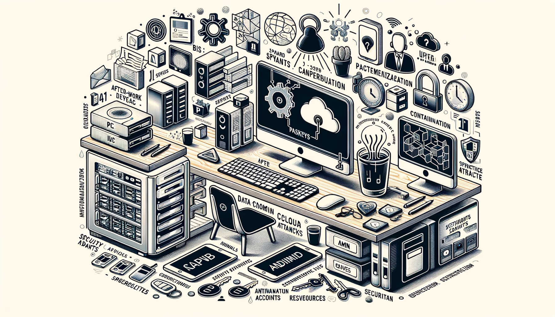 KDB Tech-Update 202407151502 Technik-Desk mit Servern, PCs, Cloud- und Container-Symbolik, Passwort- und Passkeys-Icon, Sicherheits-Updates sowie Spyware-Abwehrgrafik.