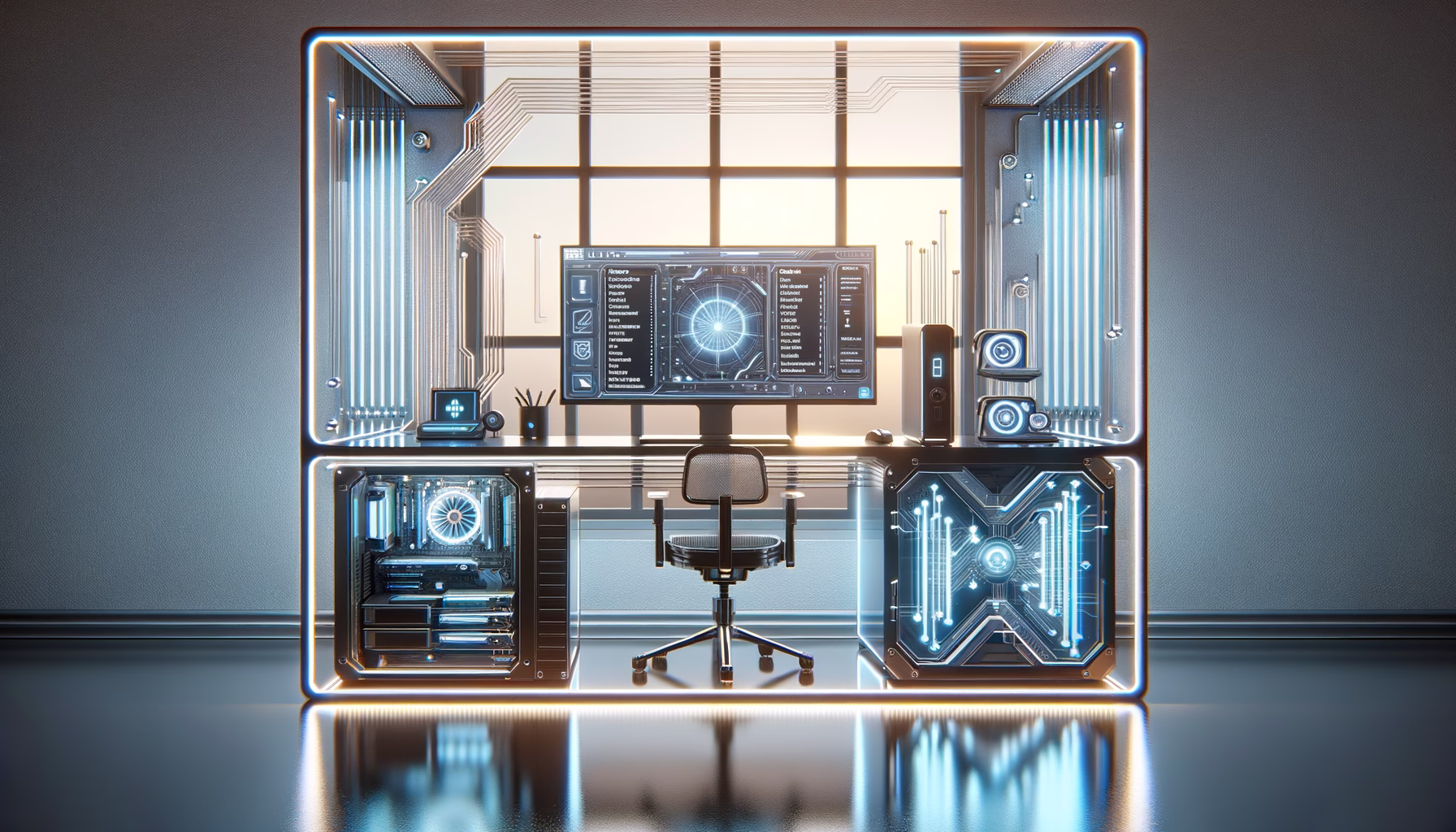 KDB Tech-Update 202407160503 Futuristischer Arbeitsplatz mit Monitor-Software, transparenter KI-/Assistentenansicht und CPU-Modulen; zeigt Technik- und Produktivitätsworkflow.
