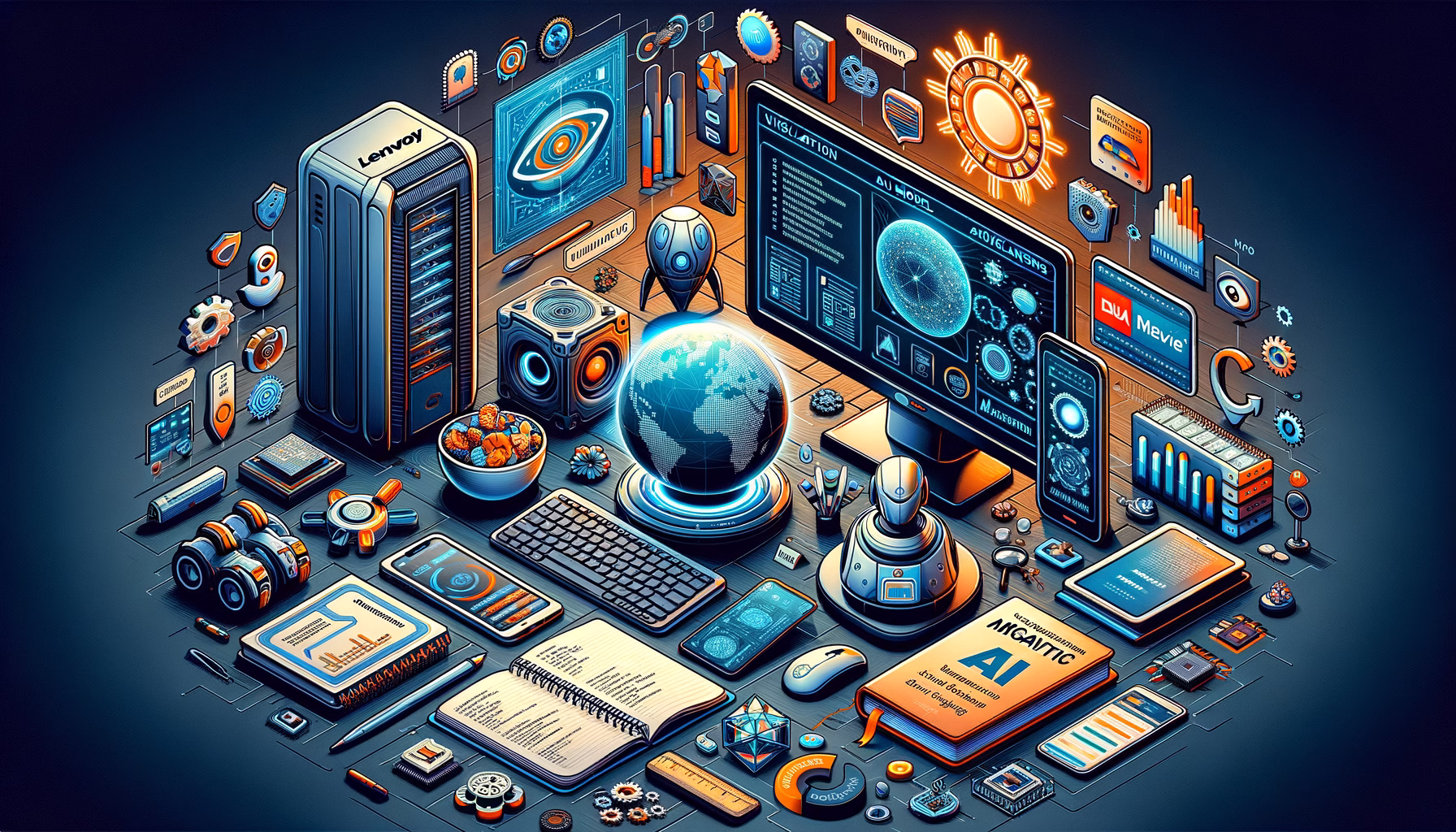 KDB Tech-Update 202407161505 Technik-Desk: Server, virtuelle Bildschirme mit Datenmodell und Karten, KI-Chip, Sicherheits-Symbole, Checkliste, Robotik, Symbolfigur für Migration.