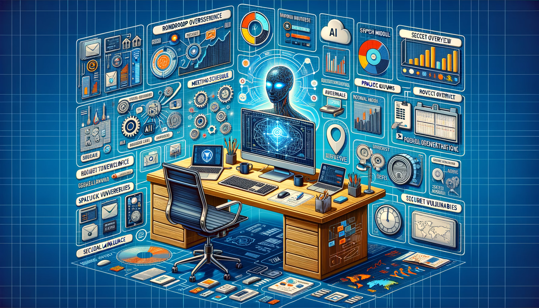 KDB Tech-Update 202407171508 Neon-blauer Arbeitsplatz mit Monitoren und Overlays: KI, Roadmap- und Meeting-Ansichten, Netzwerk- und Sicherheitsindikatoren, Daten- und Kartenansicht.