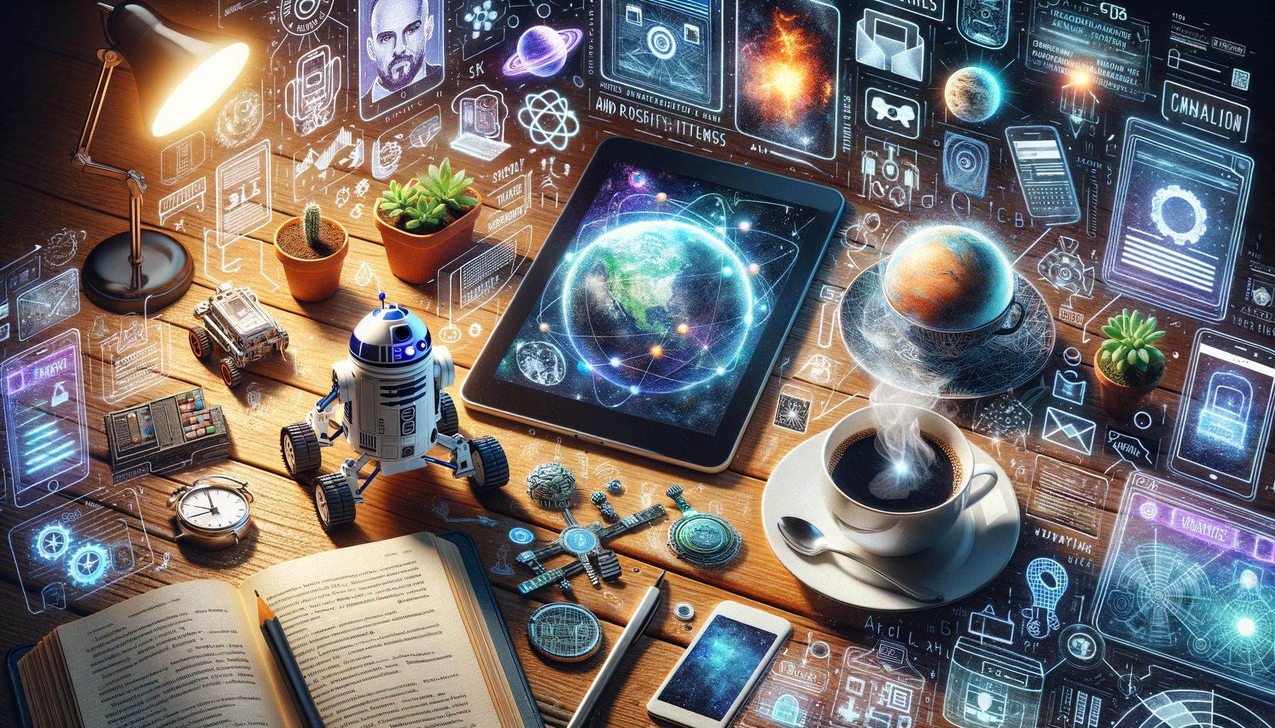 KDB Tech-Update 202407190501 Arbeitsplatz mit Tablet, Kaffeetasse, Modellfahrzeug, Karten/Globus und Buch; um Themen wie Weltraum, Technik und Kommunikation darzustellen.