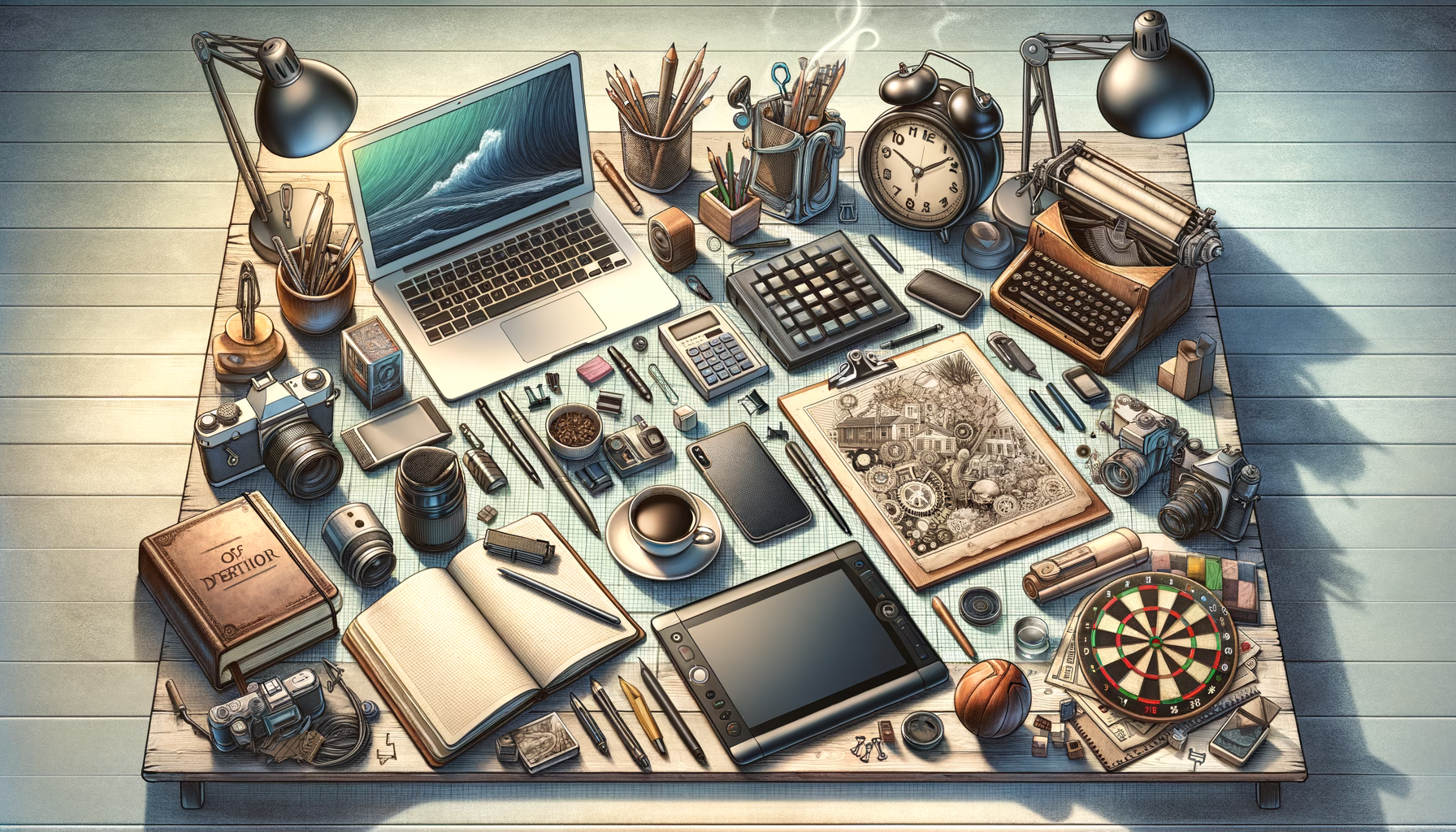 KDB Tech-Update 202407210503 Unordentlicher Kreativ-Arbeitsplatz: Laptop, Tablet, Notizbuch, Stifte, Taschenrechner, Tasse und Timer auf Tisch, beleuchtet durch Lampen.