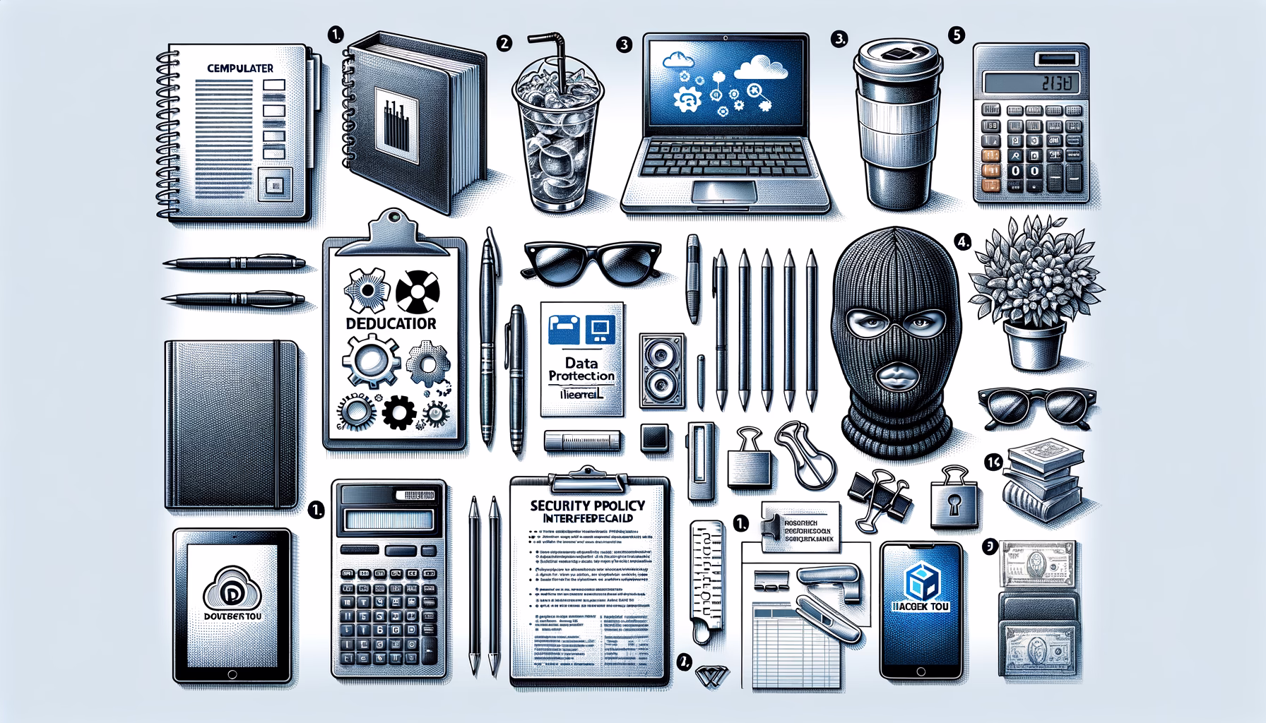 KDB Tech-Update 202407211503 Technik-Layout mit Tablet, Laptop, Dokumenten und Schutzsymbolik: zeigt Datenschutz und IT-Sicherheitsplanung mit Tools und Richtlinien.