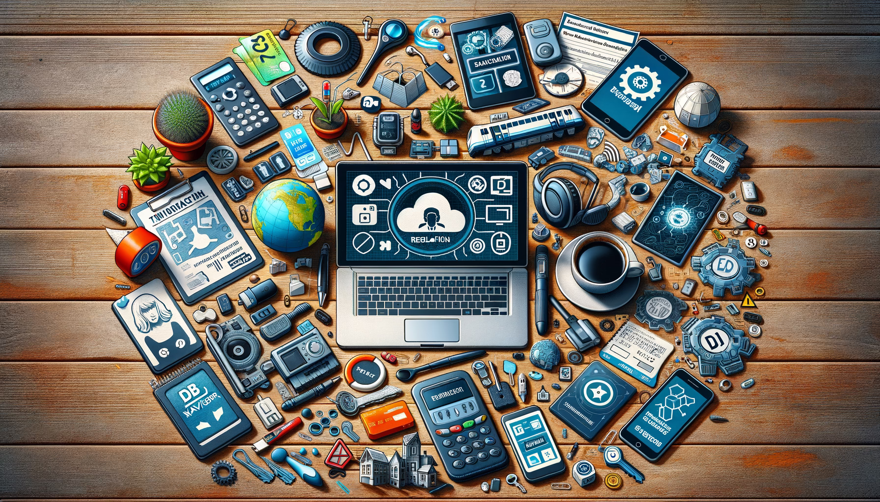 KDB Tech-Update 202407220503 Überfüllter Schreibtisch mit Laptop, Sicherheits- und Cloud-Icons, Schlüsseln, Dokumentstapeln und Technik-Symbolen für Update, Beratung und Projektsteuerung.