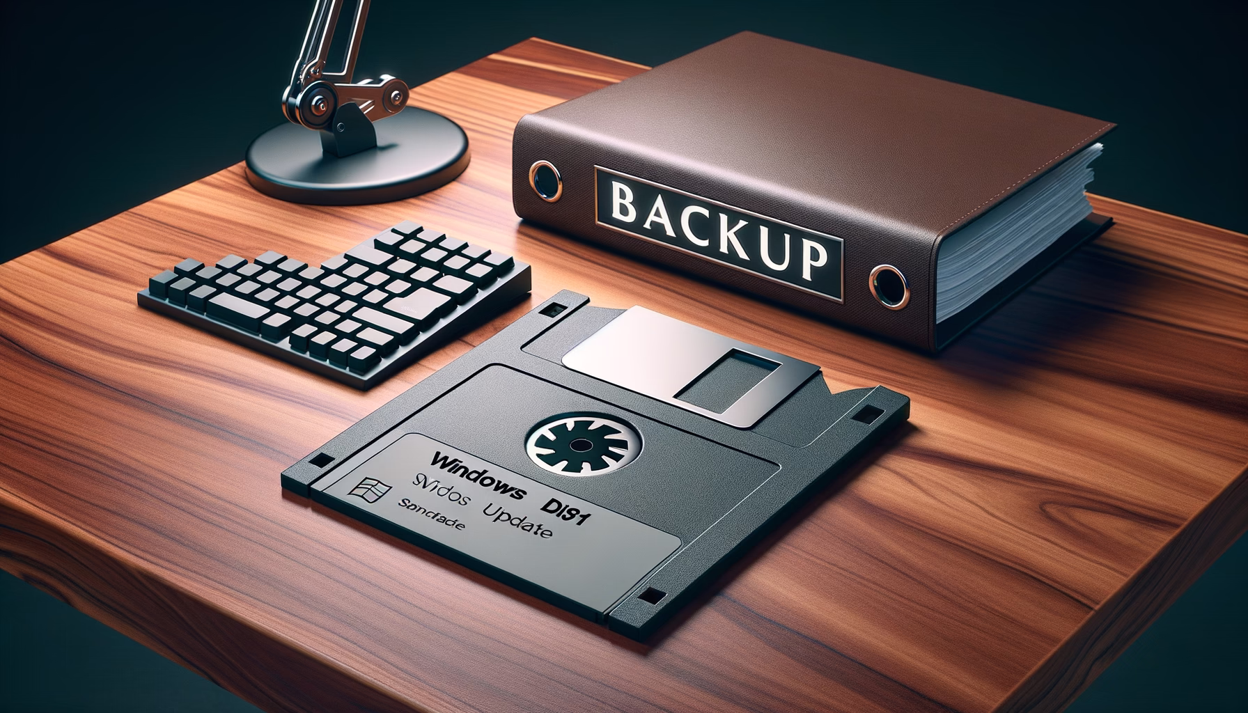 KDB Tech-Update 202407231505 Schreibtisch mit Diskette „Windows Update“ und Ordner „Backup“ als Backup-/Update-Symbol, kombiniert alte und neue Technik.