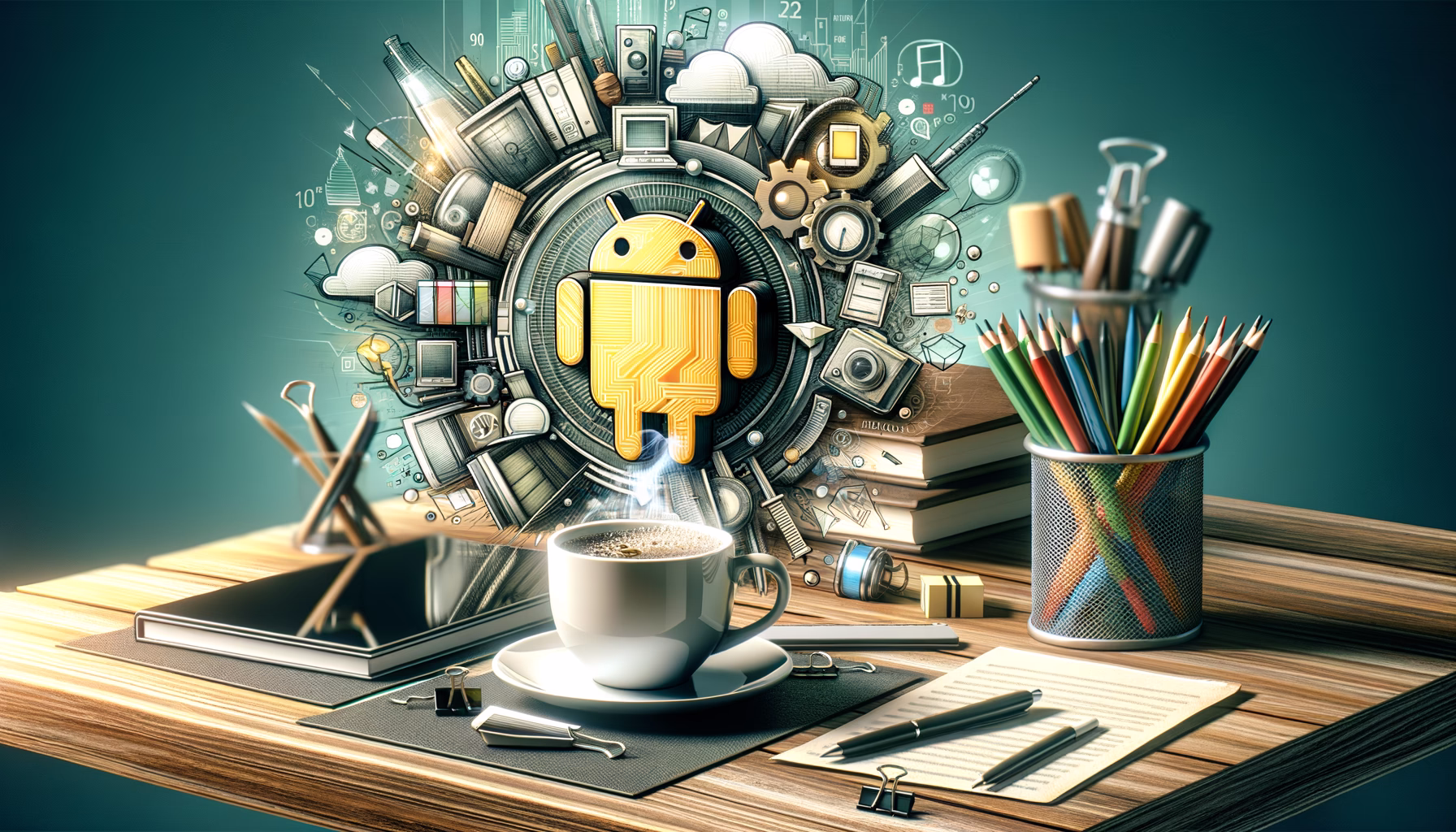 KDB Tech-Update 202407240504 Moderne Büro-Szene: Tasse, Stifte und Bücher auf Schreibtisch; in der Mitte Android-APK-Symbol, umgeben von Technik-Icons für Softwareentwicklung.
