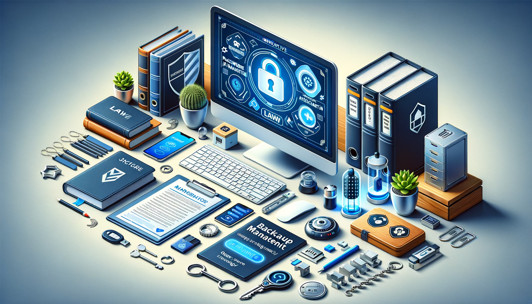 KDB Tech-Update 202407250503 Sicherheits-IT-Setup: Monitor mit Passwort- und Authentifizierungssymbolen, Backup- und Gesetzesunterlagen, Schlüsselbund, Datenträger und Checkliste.