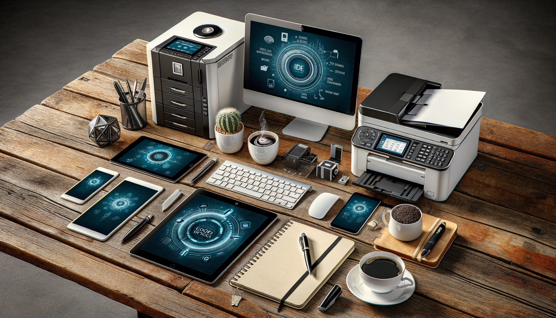 KDB Tech-Update 202407251505 Technik-Arbeitsplatz mit Computer, Tablet, Smartphone, Multifunktionsdrucker, Server-/Firewall-Gerät, Tastatur, Stifte und Kaffeetassen zur Büro-Organisation.