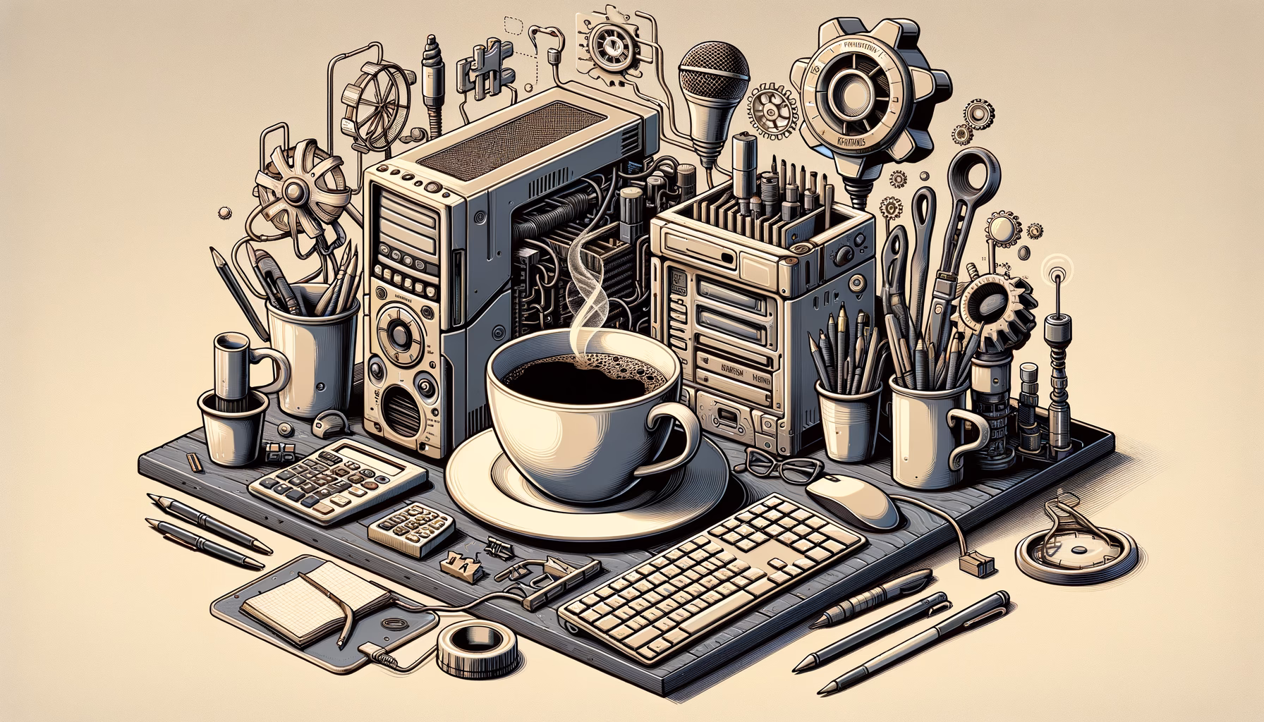 KDB Tech-Update 202407260503 Technik-Illustration: Kaffee auf Schreibtisch neben Server-Gehäusen und Kabeln, ergänzt durch Werkzeuge—symbolisiert effiziente IT-Arbeit.