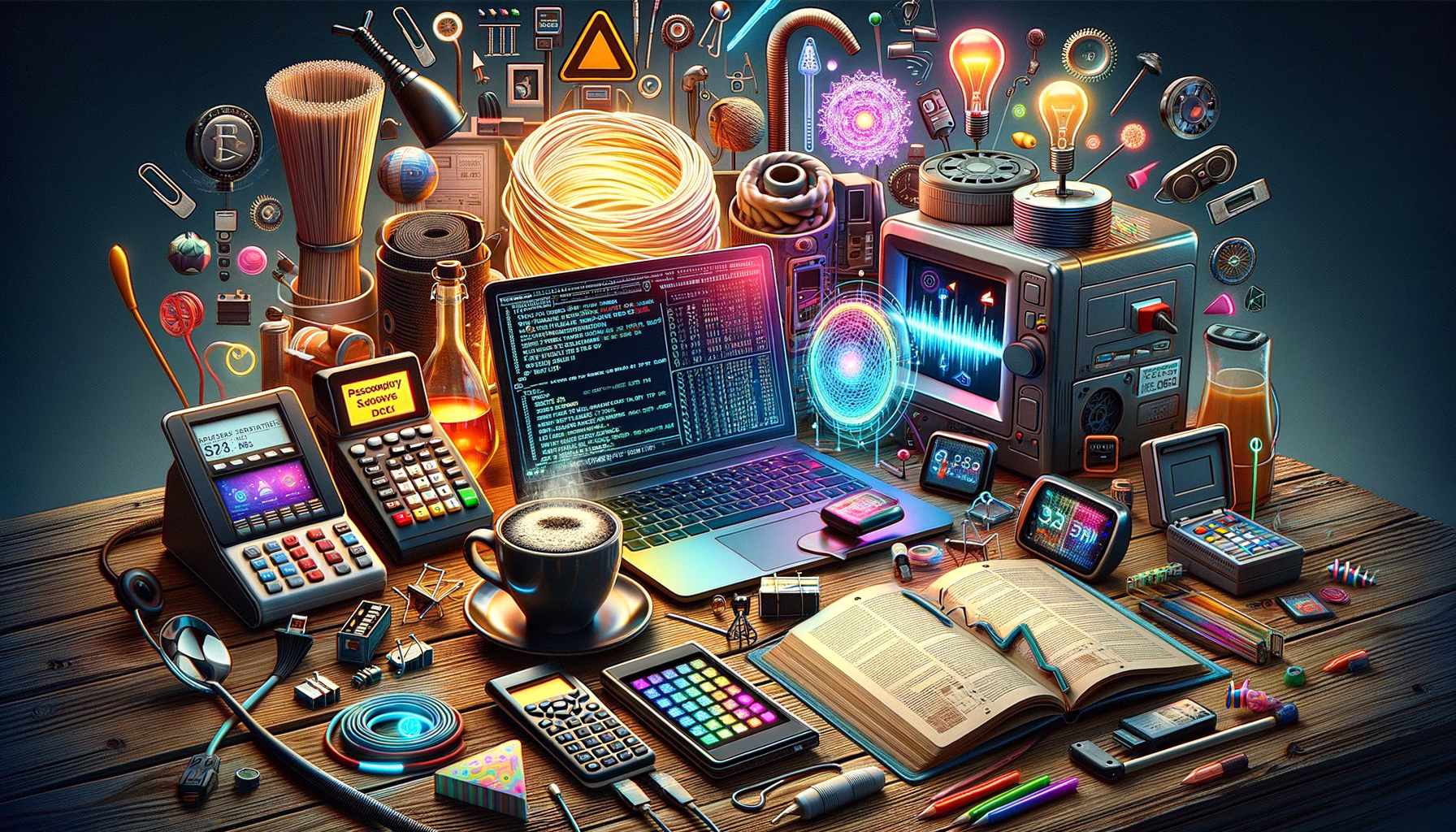 KDB Tech-Update 202407290503 Überfüllter Schreibtisch mit Laptop, leuchtenden Geräten und Kabeln, aufgeschlagenem Handbuch und Code/Diagrammen zur Darstellung von IT-Training und Sicherheit.