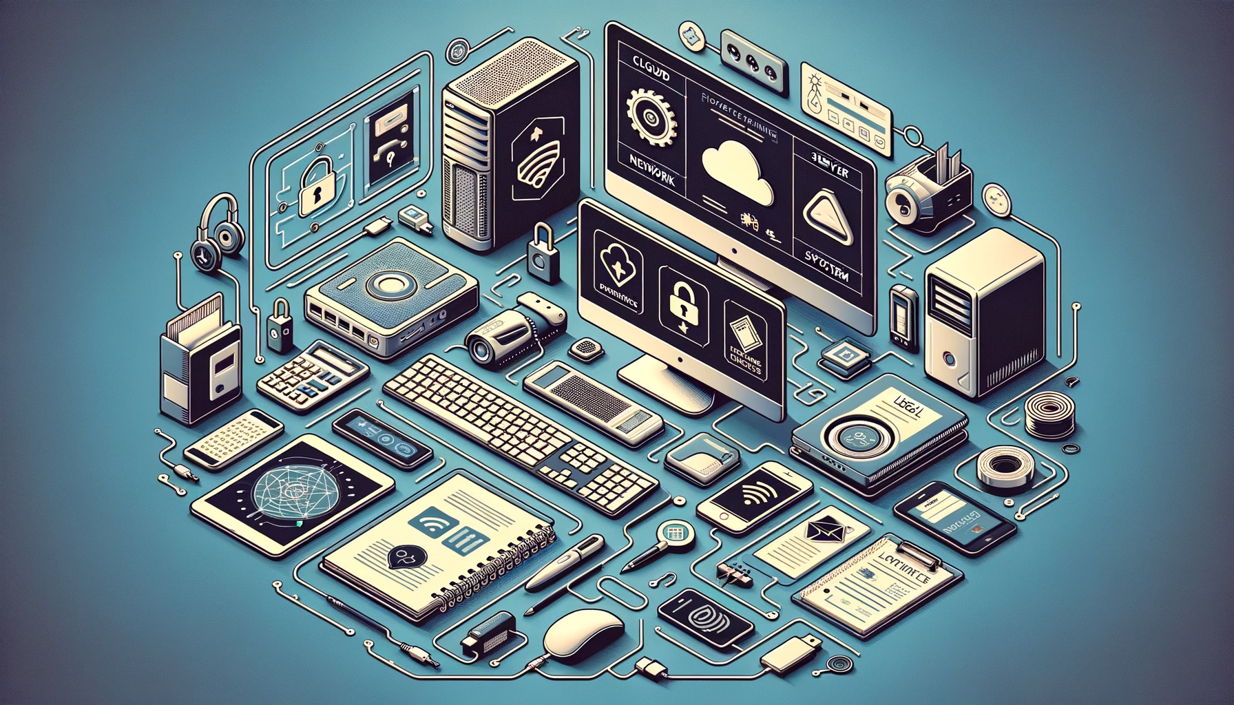 KDB Tech-Update 202407301505 Illustration: vernetzte Computer- und Serverelemente mit Cloud-, Sicherheits- und Netzwerk-Symbolen; veranschaulicht IT- und Datenschutz-Workflows.